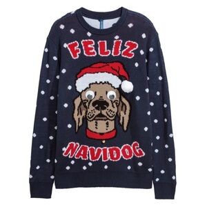 H&M Men’s Blue Knit Ugly Christmas Sweater “Feliz Navidog” Crewneck
